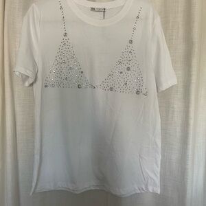 Zara White Tee with Silver Embellishments